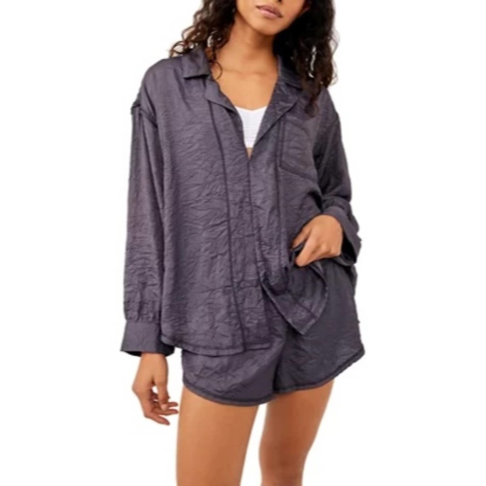 NEW Free People Shine Time Crinkle Satin Gray Short Pajamas Size XS